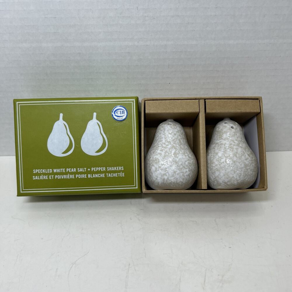 West Elm Speckled White Pear Salt & Pepper Shakers Ceramic NIB 8439036